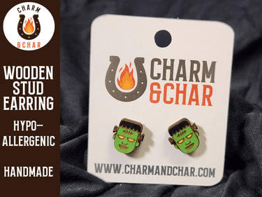 Frankenstein Wood Stud Earrings - Halloween Fashion Earring - Stud Earring - Charm and Char